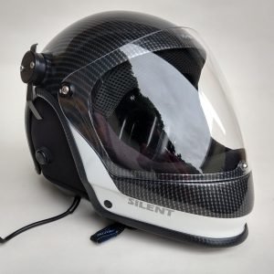 CAPACETE SILENT FULL FACE COR FIBRA DE CARBONO COM FAIXAS BRANCO E VISEIRA TRANSPARENTE