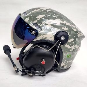 CAPACETE RAPTOR COMBAT FOREST COR CAMUFLADO COM VISEIRA AZUL IRIDIUM